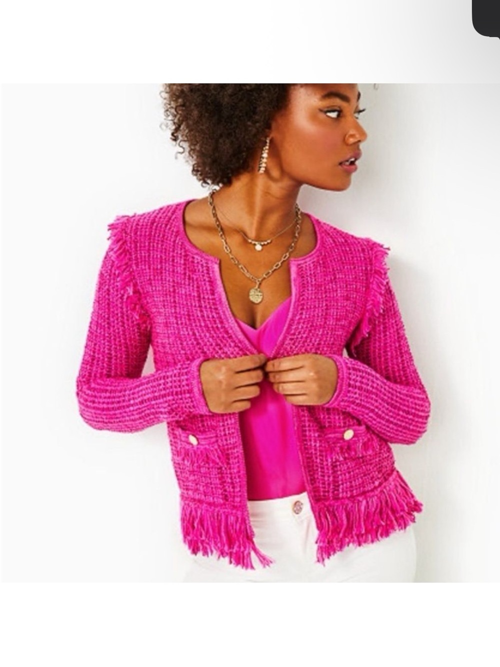 Lilly Pulitzer Hot Pink Fringe Knit Cardigan